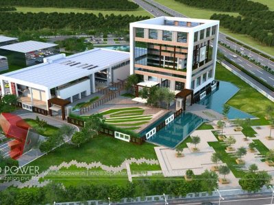 3d bird eye day view rendering corporate office bulding architectural visualization